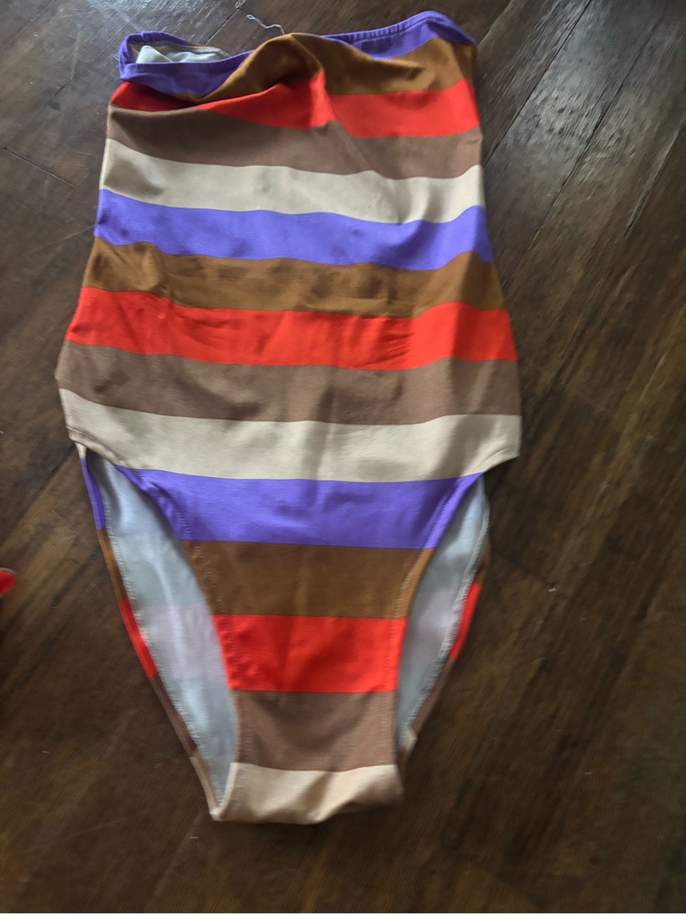 Ariel Striped One-Piece Swimsuit in Purple, Red, Brown, and Cream two pieces